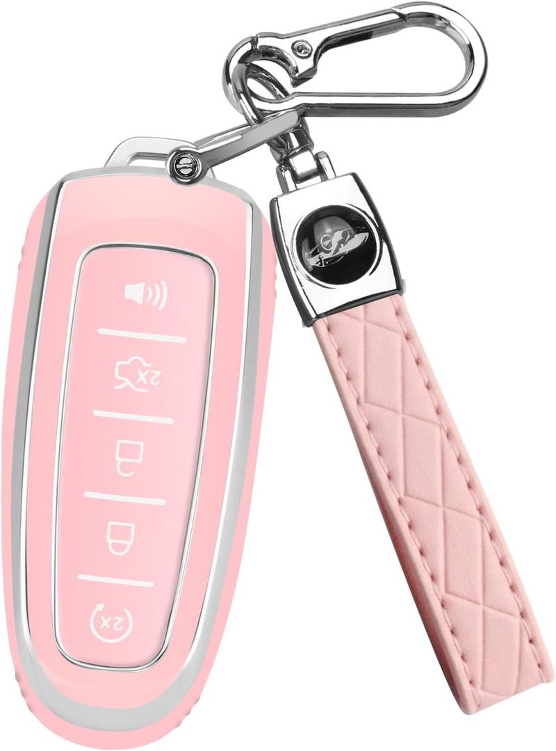 QBUC for Ford Key fob Cover,Soft TPU Car Key Case Protector with Keychain Compatible with Ford C-Max Edge Escape Expedition Explorer Flex Focus Taurus Lincoln MKS MKT MKX Navigator Accessories (Pink)