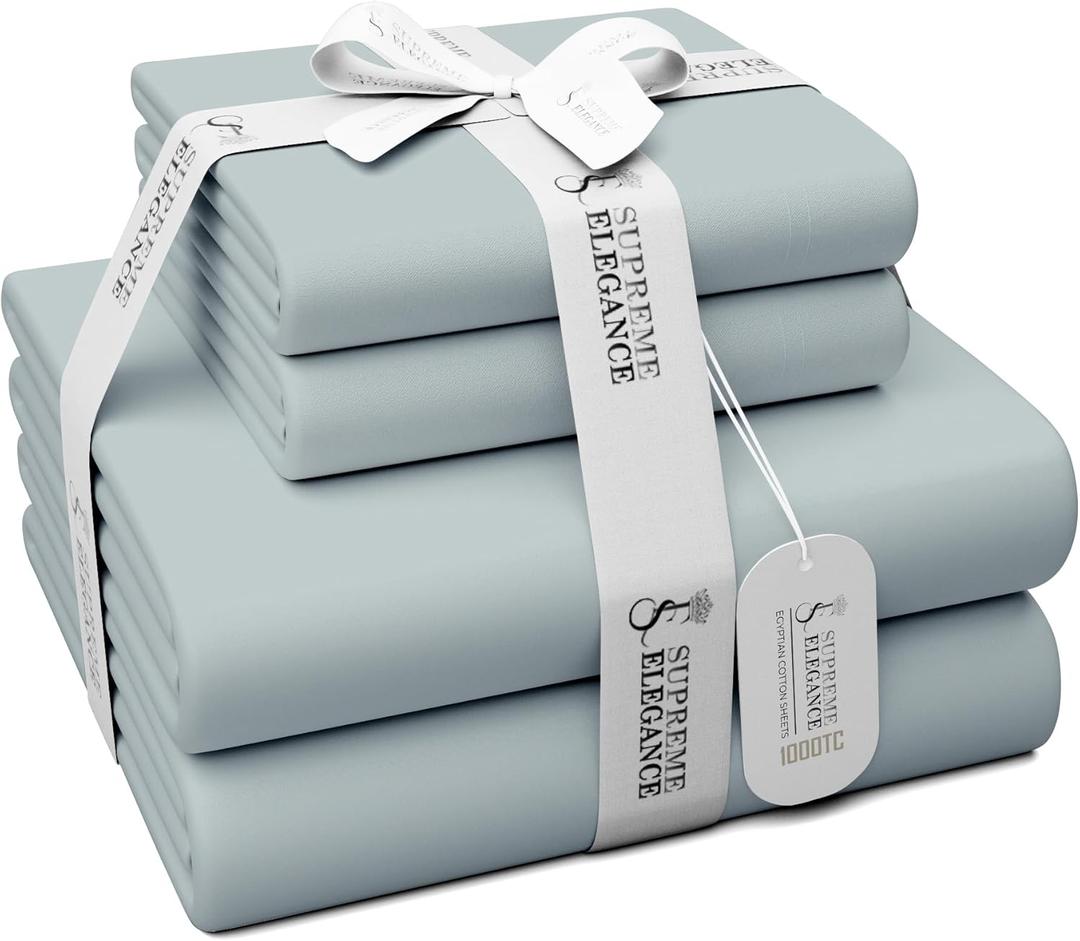 100% Egyptian Cotton Queen Sheet Set - 1000 Thread Count Light Gray Queen Size Bed - Luxury Sateen Weave Deep Pocket Sheets - Breathable - Soft & Silky - Egyptian Cotton Sheets Queen Size - Light Gray