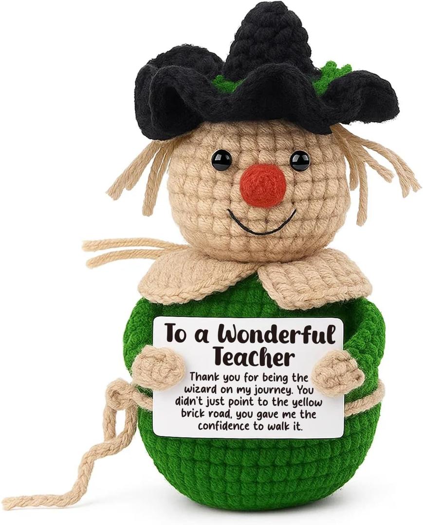 Inspirational Teacher Gift Crochet Scarecrow | Sentimental Thank You Present for Professor, Mentor - Handmade Keepsake for End of Year, Christmas, Graduation, Classroom Decor