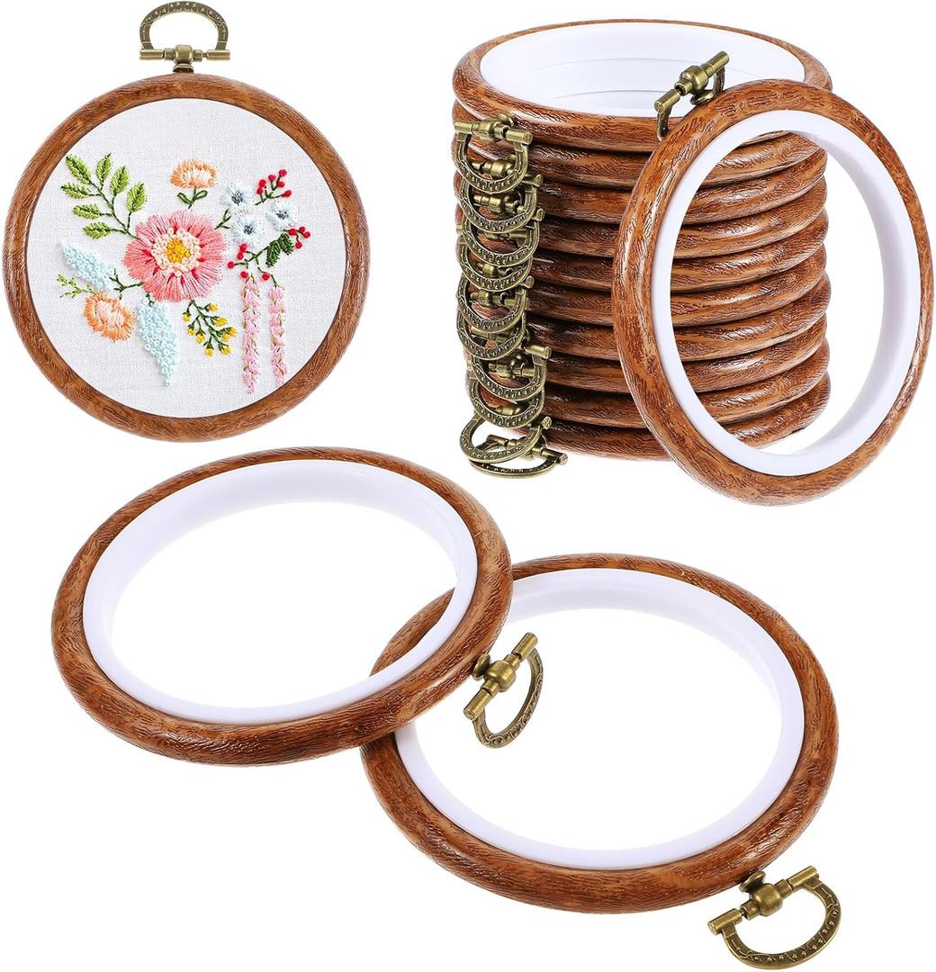 10 Pcs Round Embroidery Hoops Frame, Adjustable Circle Embroidery Hoop Ring, Circle Rubber Hoops Ring Display Ornament Imitated Wood Frame Kits for Craft Sewing DIY Hanging Gifts(17 CM)