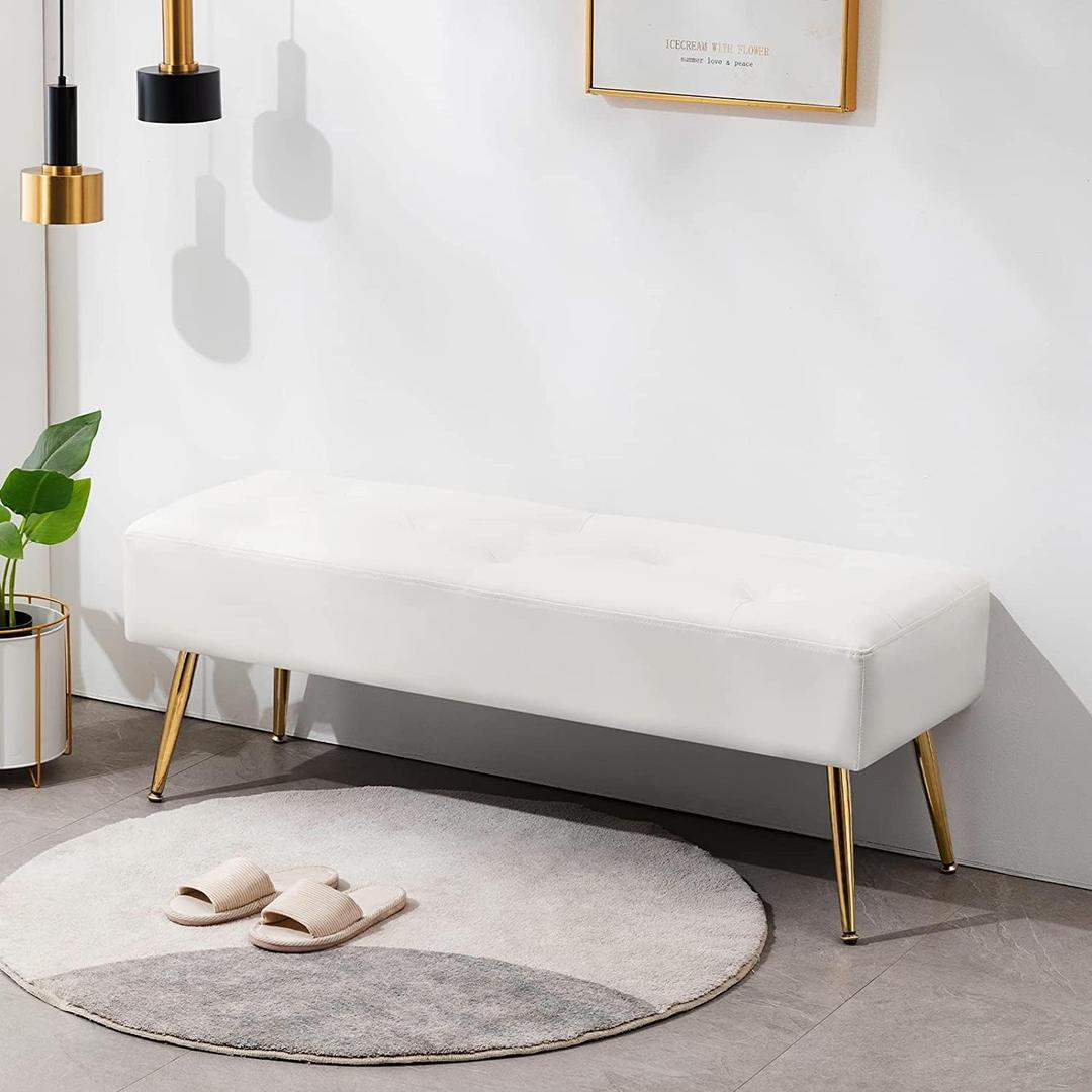 Furniliving Modern PU Leather Benches, Upholstered Tufted Leather Bedroom Ottoman 44" Ottoman Bench with X-Shaped Metal Legs for Makeup Room, Solid Bed Bench for Foyer, IvoryWhite (Large, Pu-wihte)