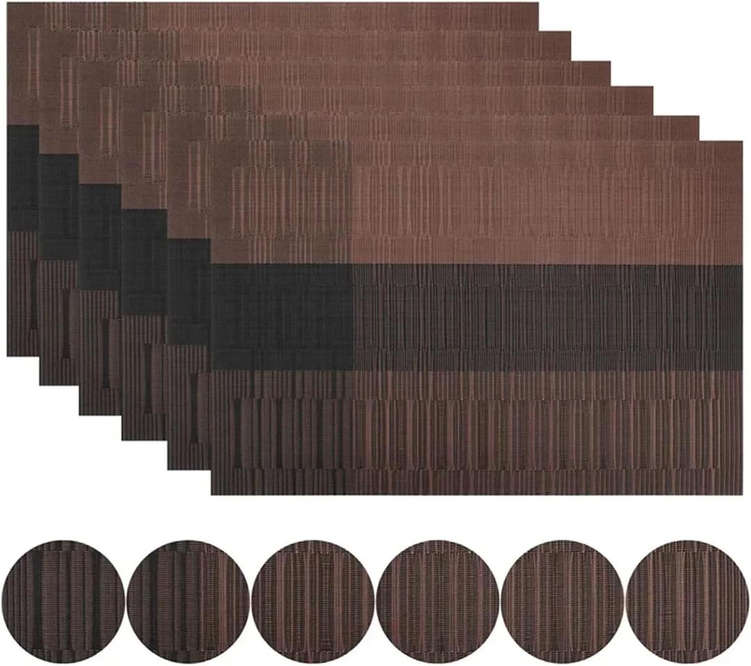 Place Mat Woven Vinyl Placemats Set Place Mats Crossweave Non-Slip Washable Table Mats for Dining Table Kitchen Reataurant Decor Coasters for Kitchen Dining Table(6Set Brown Black) (30x45 cm)
