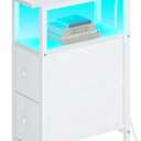 End Table with Charging Station, Narrow Side Table with 2 Fabric Drawers, Skinny Nightstand with LED Light, Slim Bedside Table for Bedroom, Living Room, Small Spaces, White
