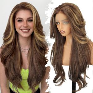 Eawwii 13x4 HD Lace Front Glueless Wigs for Women Brown Highlight Long Layered Overnight Curls Wave Wig Natural Hairline Heat Resistant Synthetic for Daily Use Beginner Friendly 26 Inch