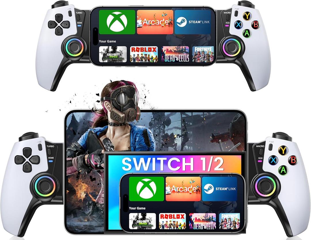 Wireless Phone Controller for iPhone/Android/Switch 1/2/OLED/iPad Mini With Hall Joystick, LED Mobile Gaming Controller for iOS Support Xbox Cloud, Steam Link, GeForce Now, Arcade,Call of Duty, Roblox