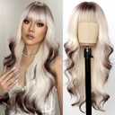 testar Long Platinum Blonde Wavy Wigs For White Women 26 Inch Brown and White Wigs with Bangs Synthetic Blonde Curly Hair For Daily Party Use Hair Replacement