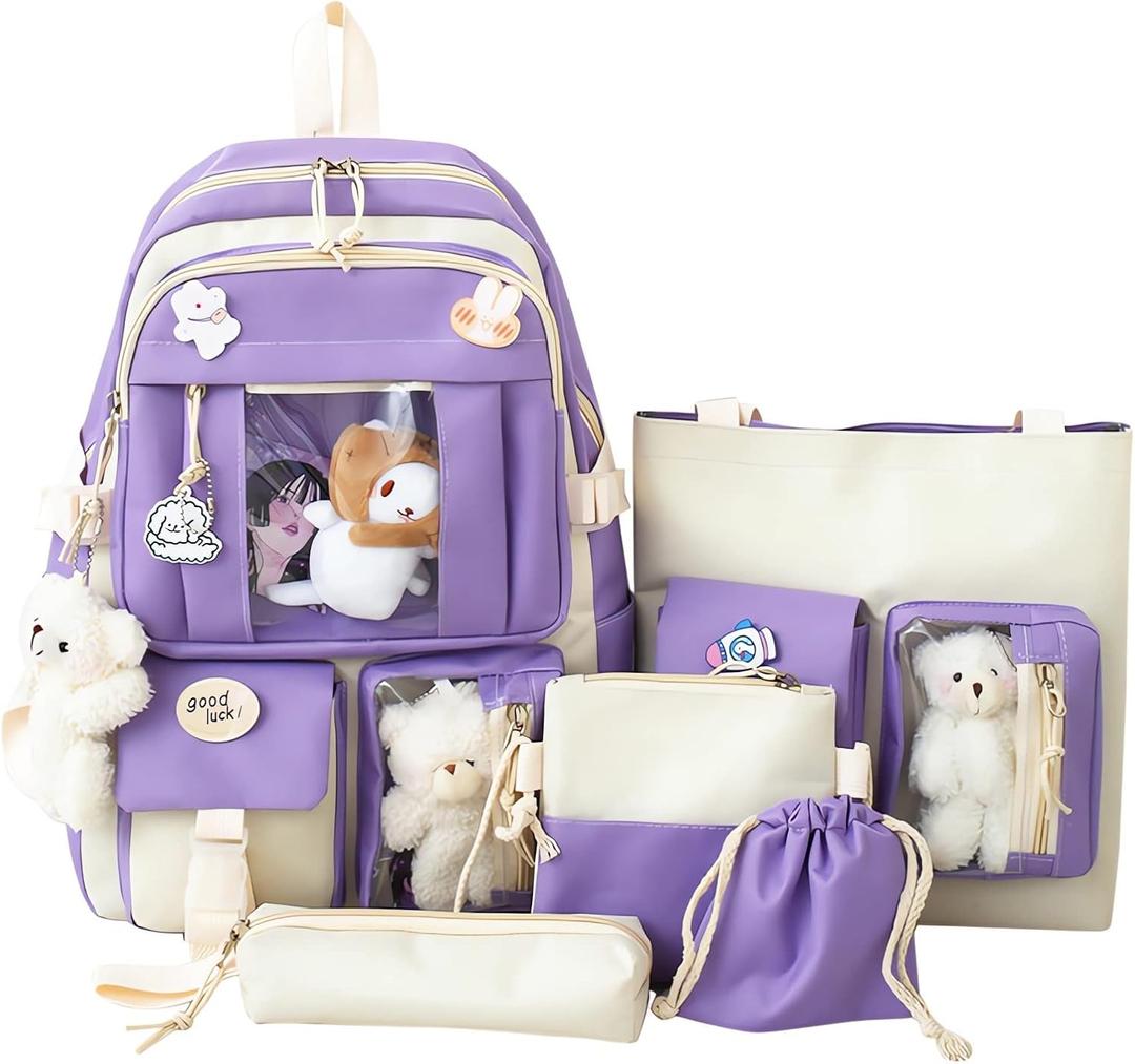 5-Piece Aesthetic Kawaii Backpack Set with Kawaii Pin and Pendants Accessories, Nylon Material | Durable & Adorable (Purple)