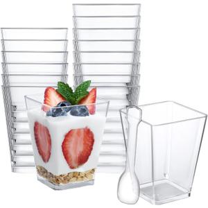 SHOPDAY 5 oz Plastic Dessert Cups 50 Pack Small Clear Square Parfait Cups with Spoons, Mini Plastic Tumbler Serving Cups for Tasting Party Appetizers Mousse Yogurt, 50 Count