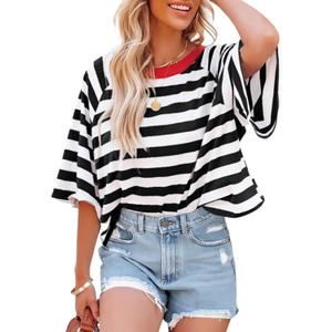 T-Shirt for Women Striped Short Sleeve Summer Top Shirts Color Block Comfy Blouse Shirts Basic Work Athletic Tee Shirt(1-Black,X-Large)