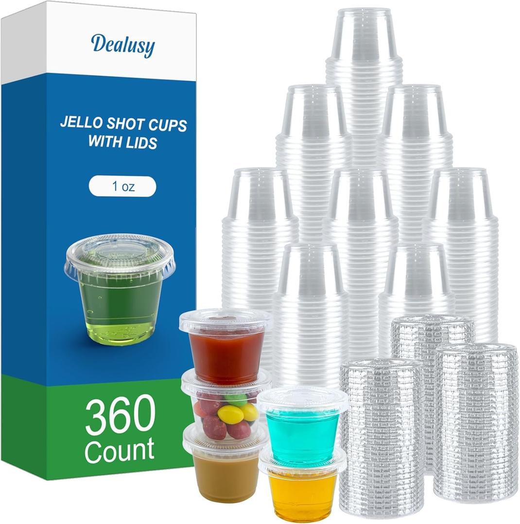 Dealusy 360 Set 1 oz Jello Shot Cups with Lids, Sturdy & Food Safe Disposable Plastic Portion Condiment Dipping Sauce Cups, Small Containers for Salad Dressing