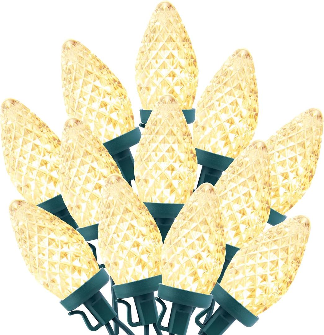 C9 LED Christmas String Lights, 66ft 100 LED Waterproof Strawberry String Lights, Plug-in Extendable Green Wire Lights String for Outdoor Indoor Outside Patio Wedding Party Decoration, Warm White