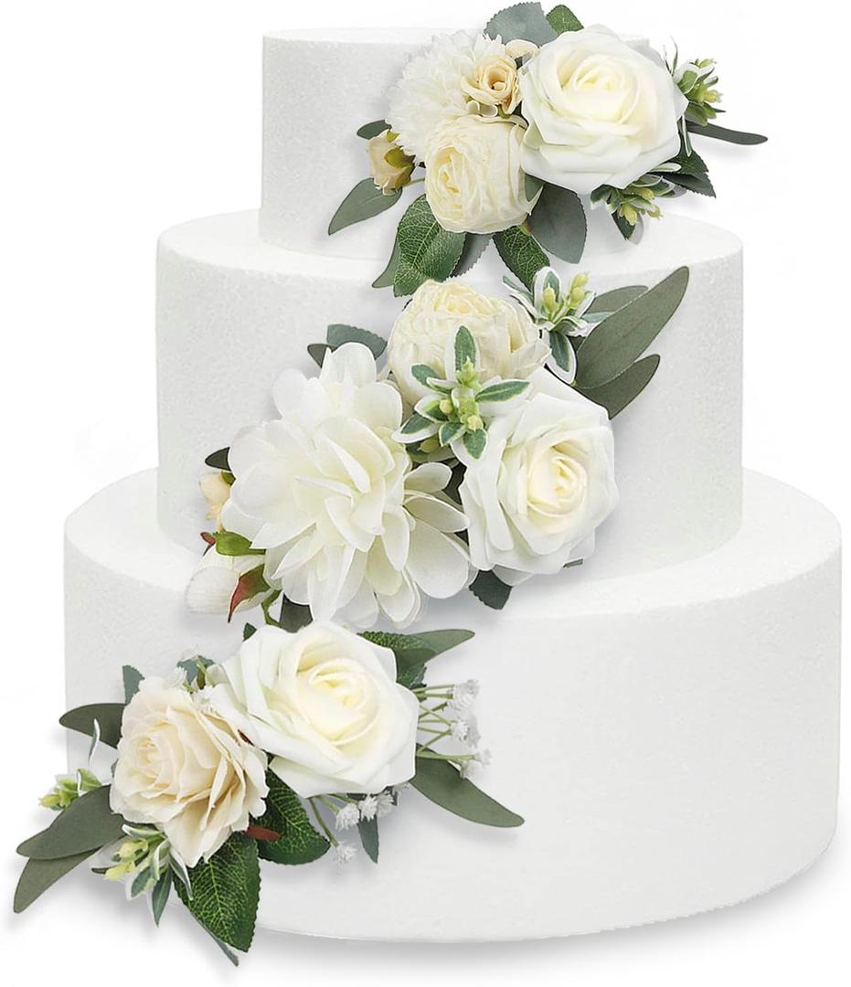 Rinlong 3Pcs Pre-made Cake Flowers Toppers White Green Cake Decorations Wedding Cake Decorating Flowers Decor Birthday Baptism Party Cake Topper
