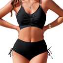 AI'MAGE Women's High Waisted Bikini Sets Tummy Control Swimsuits Front Ruched Two Piece Drawstring Bathing Suit (Large, Black)