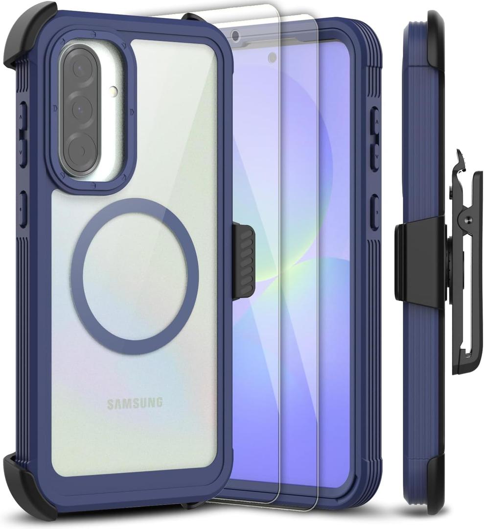 for Samsung Galaxy A36 5G Case, [Transparent & Holster Series] Belt Clip Full Body Shockproof Protective Cell Phone Cover with 2 Pack Tempered Glass Screen Protector (Blue/Clear)