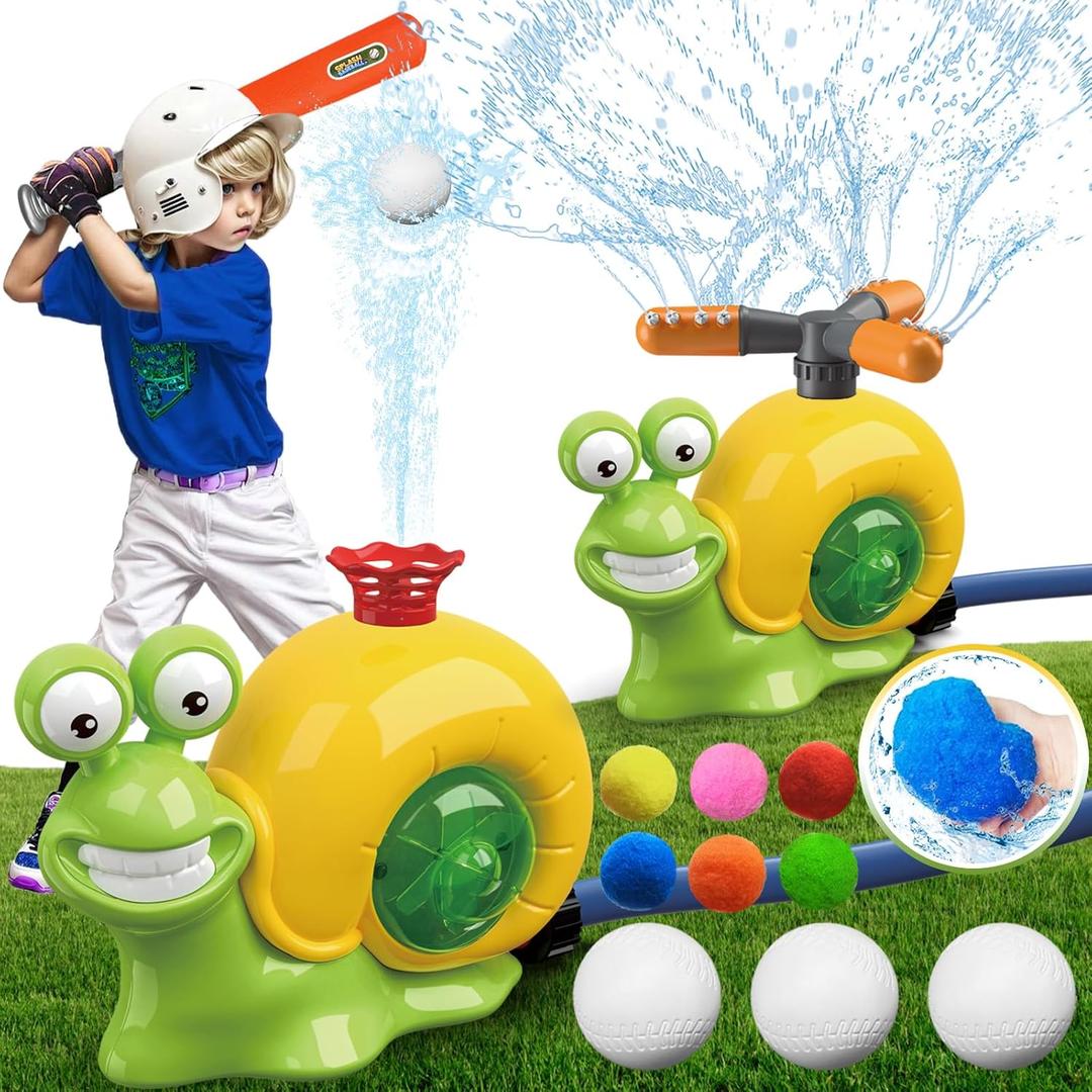 3-in-1 Water Sprinkler Baseball Toy, 360 Rotating Water Baseball Tee & T Ball Sprinkler with Water Balls, Summer Outdoor Water Toys for Kids Backyard Games Lawn Pool, Snail, Ages 3+