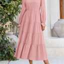 PRETTYGARDEN Long Sleeve Dress for Women Fall V Neck Tiered A Line Spring Elegant Modest Flowy Wedding Guest Maxi Dresses (Pink, S)