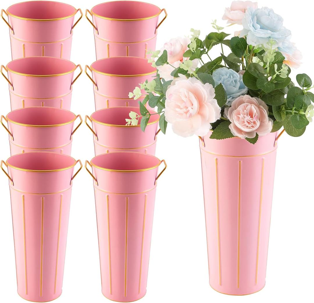 8 Pcs 11.8 Inch Tall Galvanized Flower Bar Pink Buckets with Handles - Tin Metal Vase for Home Decor, Wedding Centerpiece, Table Decorations - Unbreakable Tall Vase for Fresh Flowers