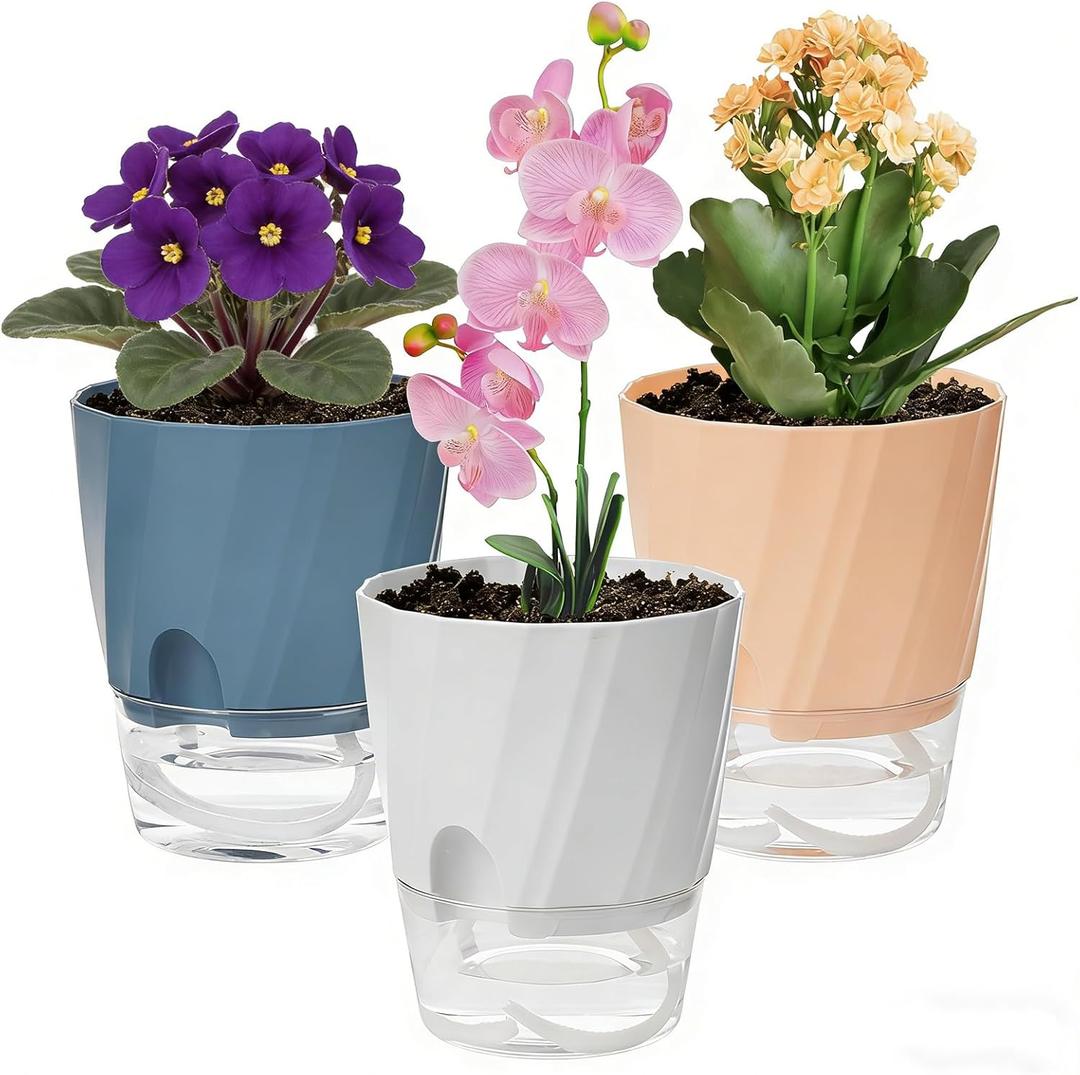 Self Watering Plant Pots 6 Inch, 3 Pack Plastic Indoor Planters with Wick Rope and Reservoir, Decorative Flower Pots for Spider Plant, Orchid, African Violet, Home Office Decor (White, Pink, Blue)