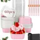 60 Pack 10oz Mini Cake Pans with Lids, Spoons, Stickers - Disposable Square Brownie Baking Cups - Individual Small Aluminum Foil Loaf Tins for Muffin, Ramekins, Cupcake - Catering, Gift, Pink