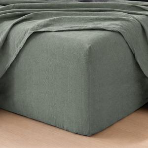 MooMee Fitted Bottom Sheet Only 100% Washed Cotton Linen Like Textured Breathable Durable Soft Comfy Deep Pocket Fits Mattress up to 17" (Heathered Green, King)