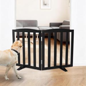 Freestanding Dog Gate Indoor,Doggie Gate Foldable Pet Gates for Doorways,Stairs or Hallways, Wooden Black Pet Gate for the House, Pet Fence with Support Feet Included,24 "Height-2 Panels