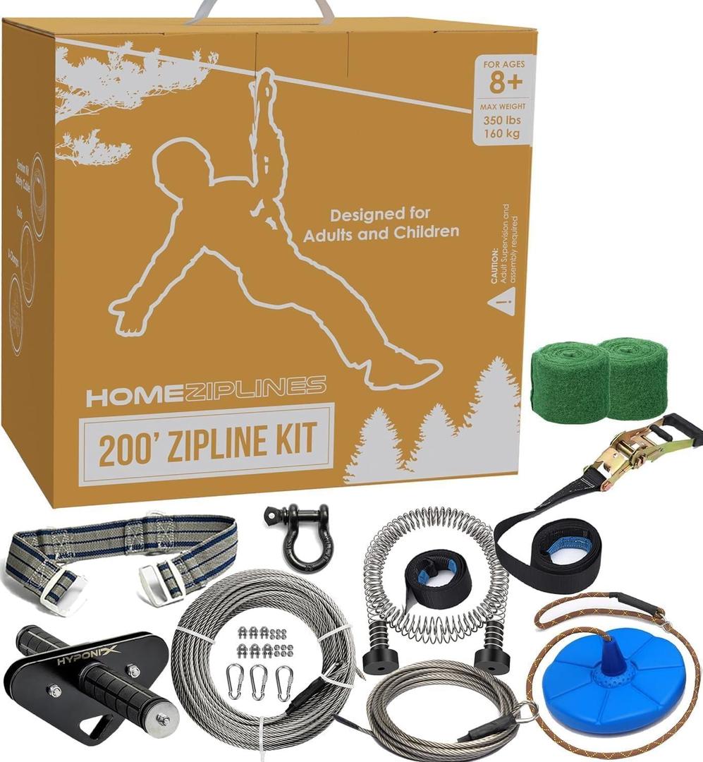 Hyponix Zip Line Kit for Kids and Adults, Outdoor & Backyard Zipline 200 ft, 200' Quick Setup Zipline Kit