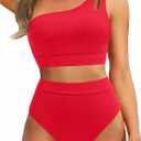Two Piece High Waisted Swimsuits for Women - One Shoulder Bikini Tummy Control Bathing Suit 2025 Full Coverage Swimwear, L