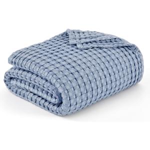 Bedsure Cooling Cotton Waffle Queen Size Blanket - Lightweight Breathable Summer Blanket of Rayon Derived from Bamboo for Hot Sleepers, Luxury Throws for Bed, Couch and Sofa, Fog Blue, 90x90 Inches