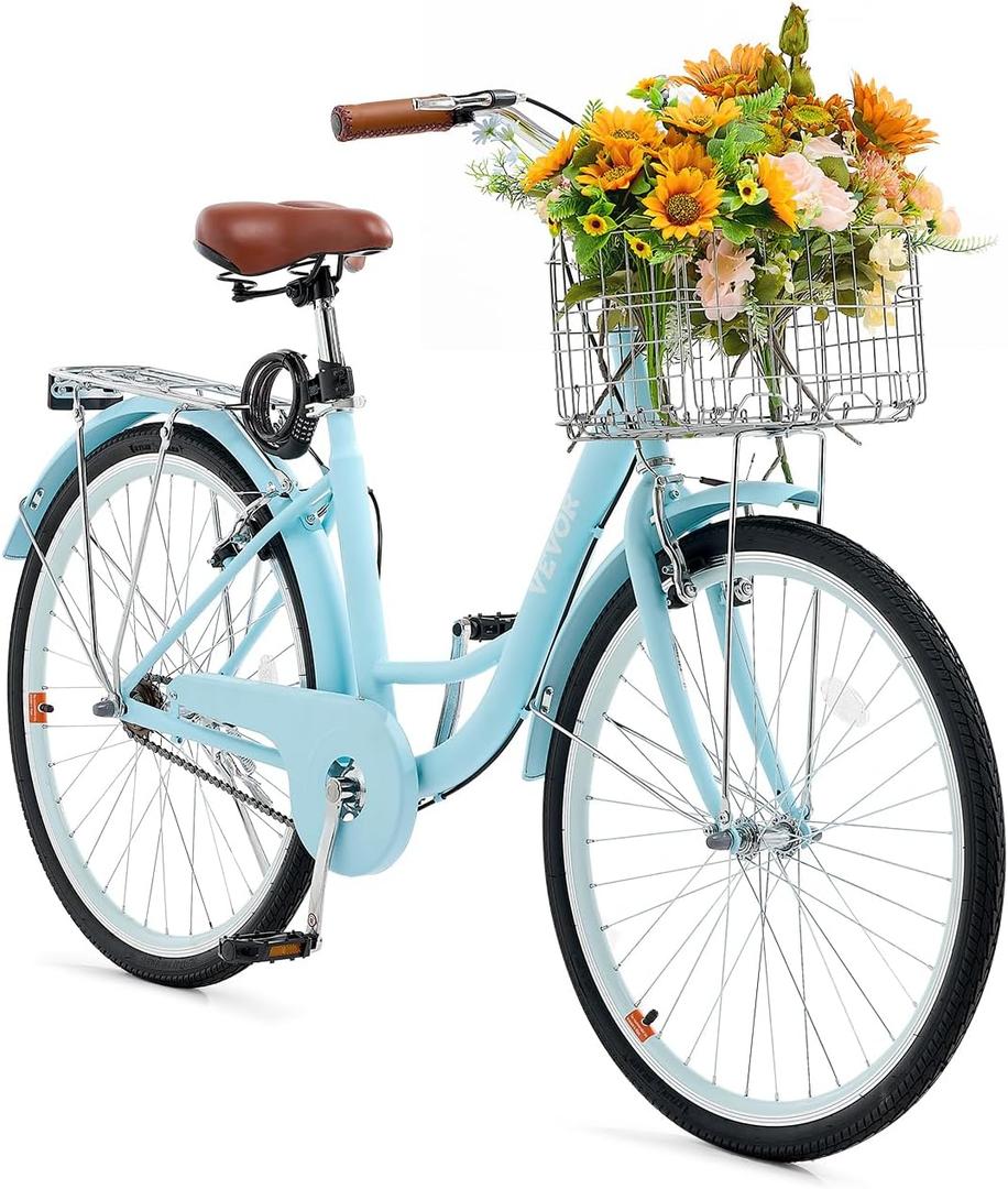 VEVOR Women Bike, 7-Speed and 1-Speed, 24-26 Inch Pink and Light Blue Beach Cruiser Bike, with Large Capacity Basket and Rear Rack, Adjustable Seat, Fits for Cycling, Exercise & Shopping