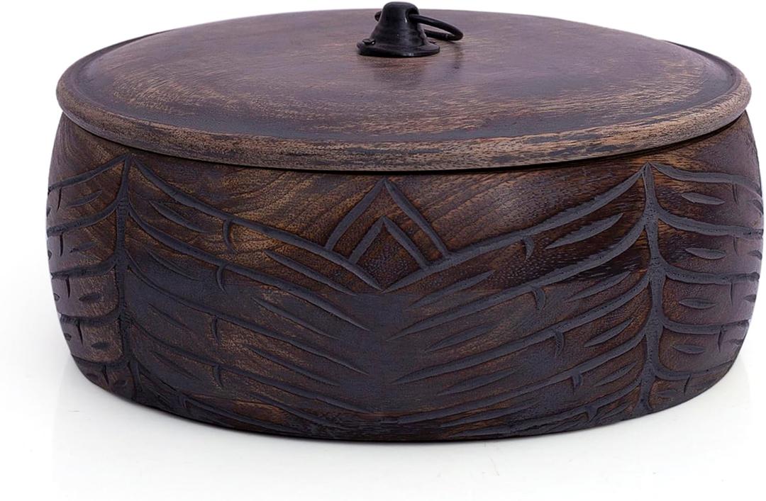 Handcrafted Wooden Mexican Tortilla Warmer Basket Indian Chapati Roti Bread Holder Box Pancake Keeper Serveware Hot Pot Casserole Dish With Lid Home Kitchen Dining Decor, Natural Brown, 9 x 3.5 Inches
