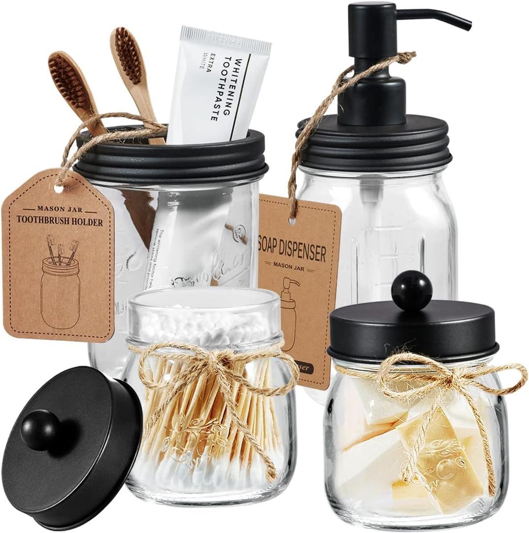 Amolliar Mason Jar Bathroom Accessories Set 4 Pcs -Lotion Soap Dispenser & 2 Cotton Swab Holders & Toothbrush Holder - Rustic Farmhouse Decor, Bathroom Home Decor, Perfect Decorating Idea , Black