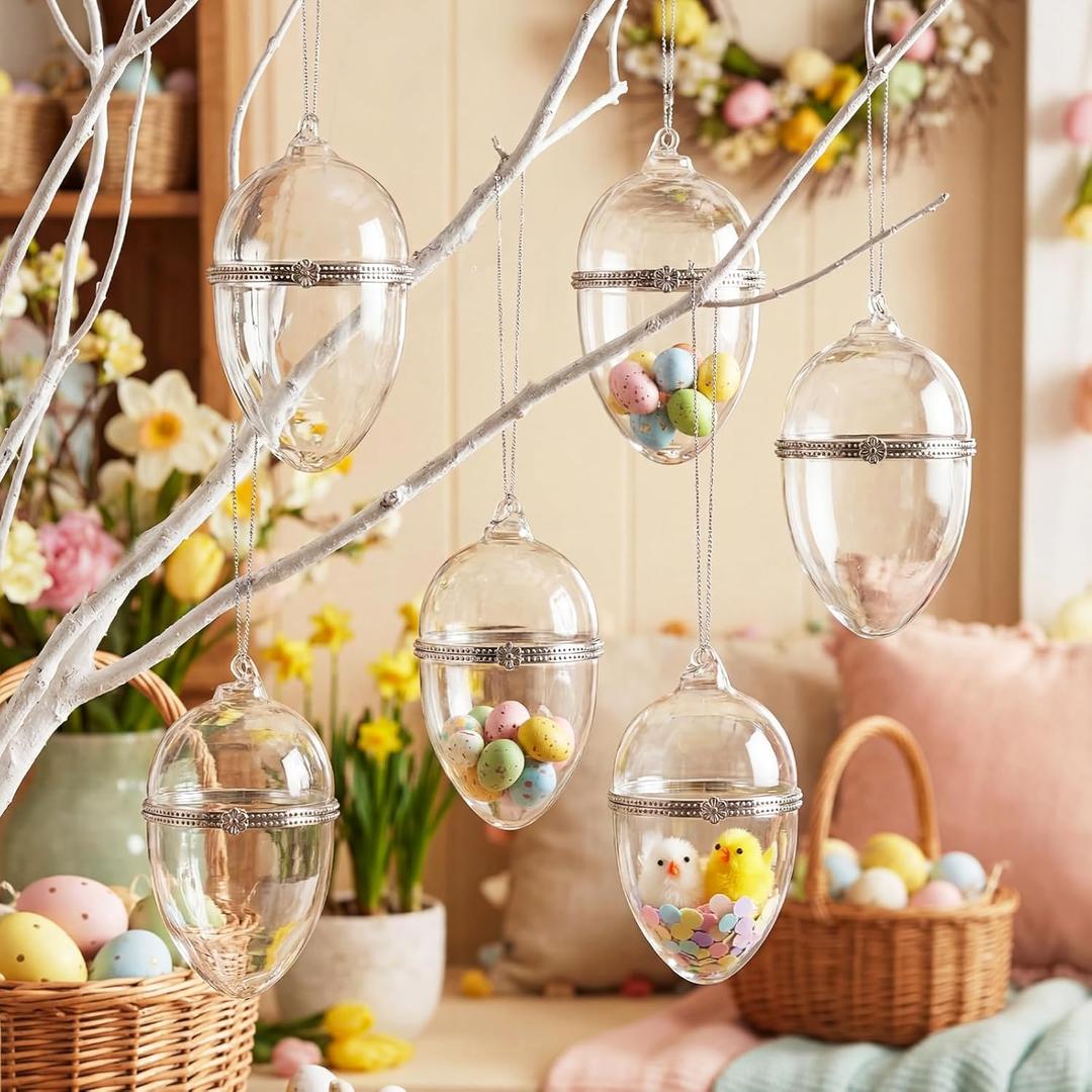 Gemscream 6 Pcs Hinged Glass Clear Easter Box Ornament Egg Fillable Ornament That Open Orb 4 Inch Clear Glass Ball with Opening for Easter DIY Holiday Decorations