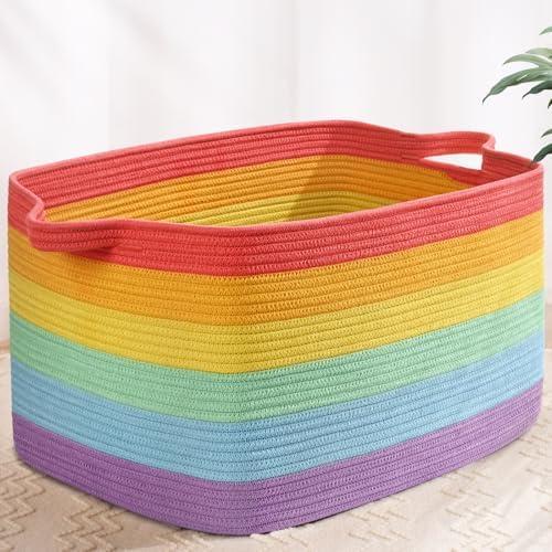 Degeyoyo Large Blanket Basket, 60 L Rectangle Storage Baskets for Organizing, Woven Laundry Basket for Blankets, Cotton rope Blanket Storage for Living Room, Nursery Room, Rainbow