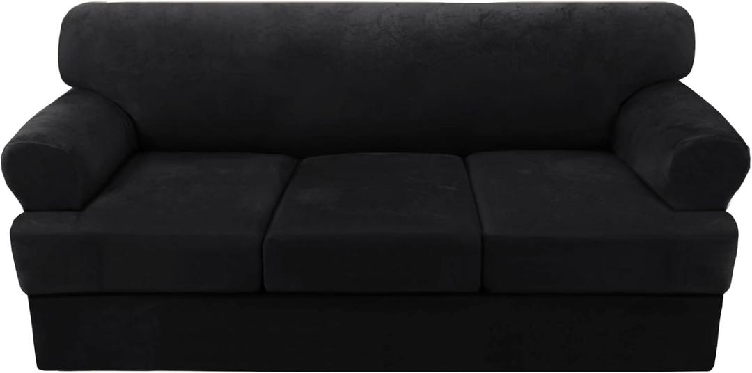 H.VERSAILTEX Sofa Cover 4 Piece T Cushion Sofa Slipcovers Velvet Couch Cover Furniture Protector Stretch T Cushion Sofa Covers for 3 Cushion Couch with 3 Individual T Cushion Covers Washable, Black