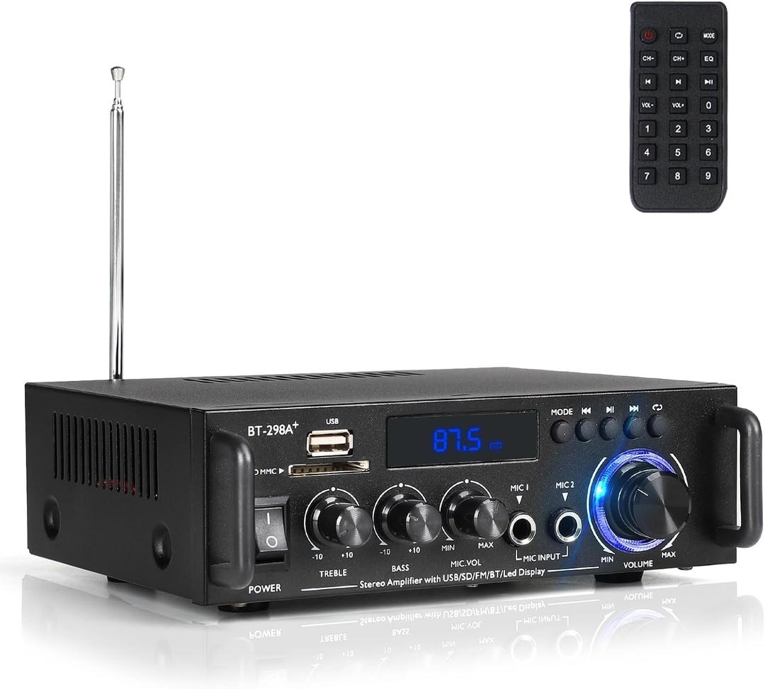 Romicta Stereo Audio Amplifier, 300W Home 2 Channel Wireless Bluetooth 5.0 Power Amplifier System, Home Amplifiers FM Radio, USB, SD Card, with Remote Control Home Theater Audio Stereo System