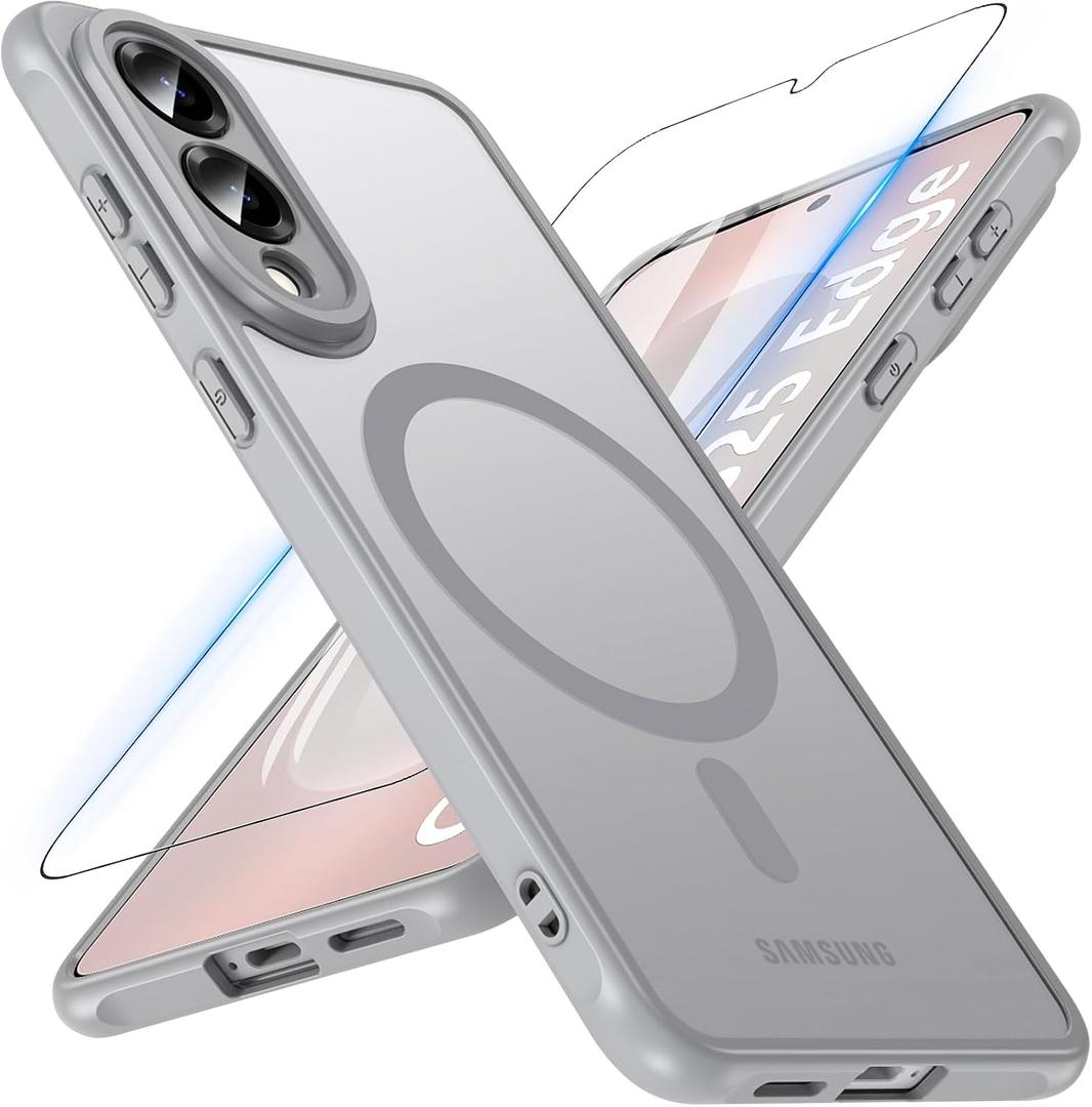 OWKEY for Samsung Galaxy S25 Edge Case 6.7'', Magnetic S25 Edge Case for Magsafe with Tempered Glass Screen, [Shockproof Military] Translucent Back Slim Bumper Cover Phone Case Galaxy s25 Edge, Gray