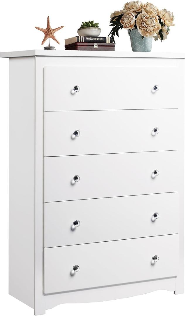 WLIVE White 5 Drawer Wood Dresser, Wooden Chest of Drawers for Bedroom, Storage Cabinet and Organizer Drawers for Living Room, Hallway, Closet, Measuring 15.75" W*31.50" D*45.35" H