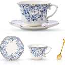TATSUMI Country Roses Bone China Tea Cup and Saucer Set, 3 Pieces, Vintage Style, For Women and Tea Parties (QH,1 Set) (Blue)