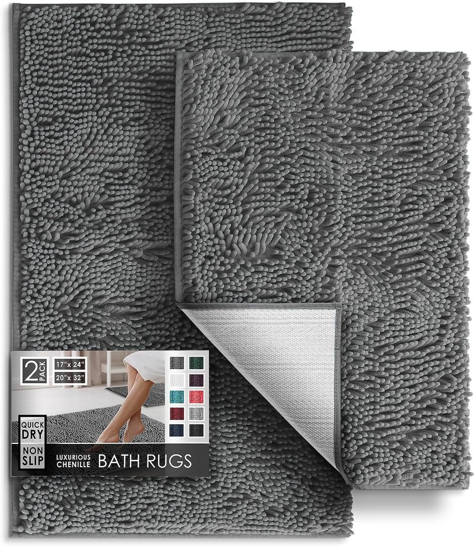 Hearth & Harbor Bathroom Rug Set, 2 Piece Chenille - Grey, Quick Dry, Non-Slip, Machine Washable - Bath Mat Size 17x24, 20x32 inches