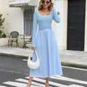 Women's Fall Ribbed Knit Two Piece Outfit Long Sleeve Top & High Waist Pleated Midi Skirt with Pockets (Blue, S)