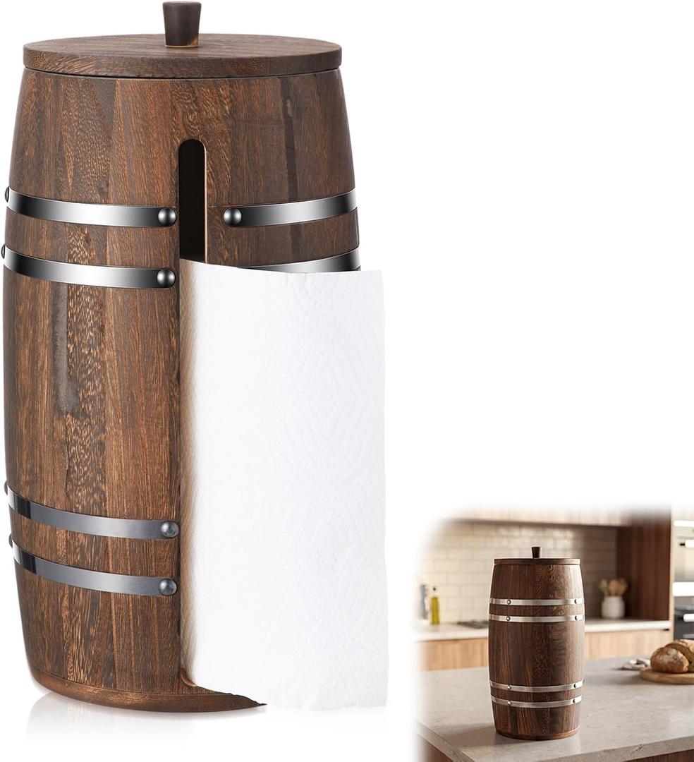 Solid Wood Paper Towel Holder for Countertop, 13.58" x 7.09" Barrel-Style with One-Handed Tear Design, Fit Most Standard Kitchen Paper Towel Rolls, Farmhouse Papers Towels Dispenser (Brown)