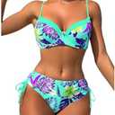 WDIRARA Women's 2 Piece Floral Print Tie Side Swimwear Summer High Waist Bikini Set Multicolor Green Small, S