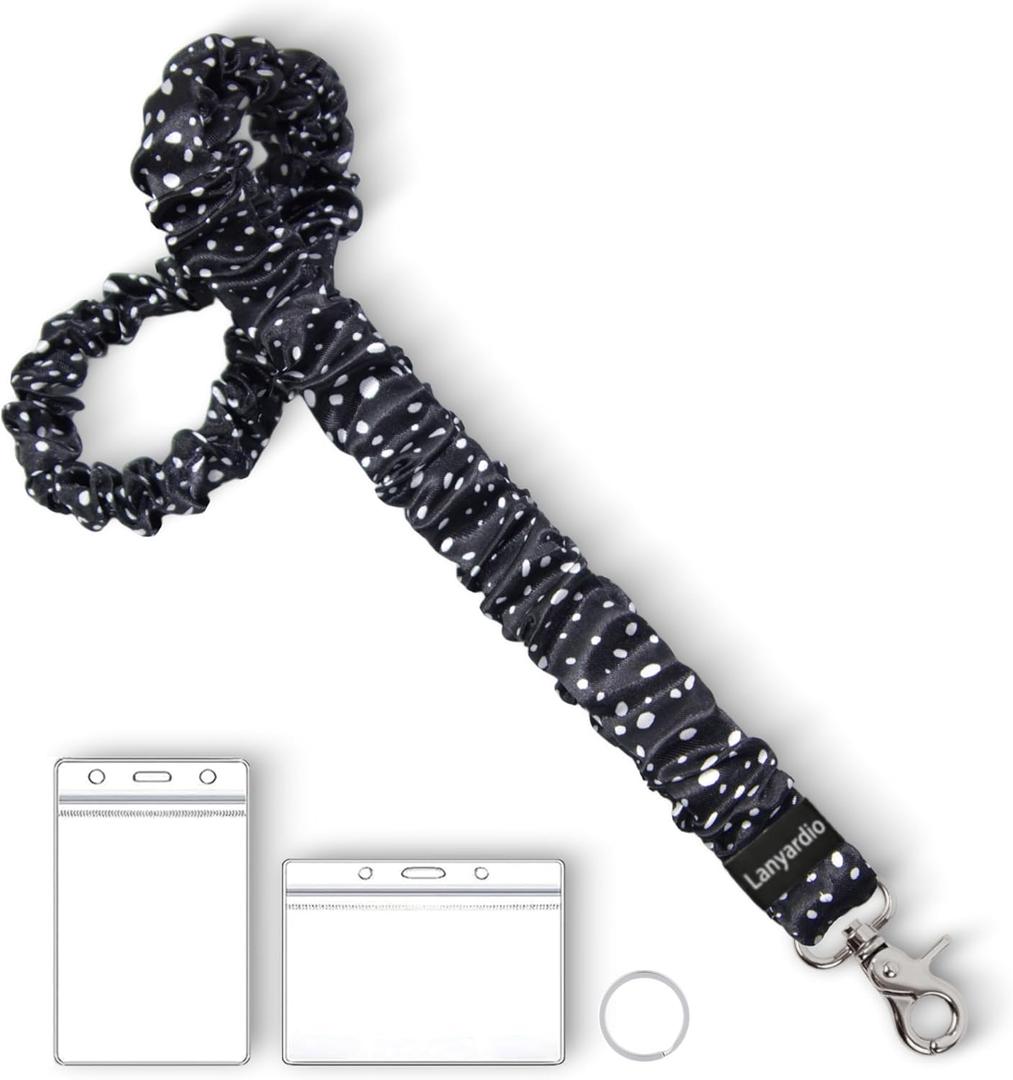 Lanyardio Stretchy Scrunchie Lanyard for ID Badges Keys, Cute Teacher Lanyard for Women with 2 Card Holders 19.21 Inch (Polka Dot)