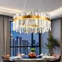 Gold K9 Crystal Chandelier,23.6 inch Modern Kitchen and Dining Light Fixture 2-Tiers Round Raindrop Chandeliers Adjustable Flush Mount Pendant Ceiling Light Fixture for Living Room Foyer Entryway