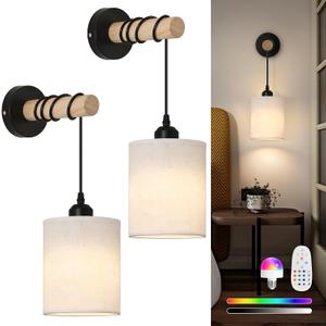 Battery Operated Wall Sconces Set of 2,Rechargeable Wireless Wall Lights with RGB & Dimmable Remote, No Wiring Renter Friendly, Modern Wood & Linen Wall Lamps for Bedroom Bedside Living Room., 3x5x2 inches