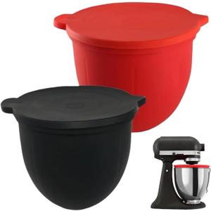 2PC Silicone Bowl Liners for 5 Qt KitchenAid Mixers - Thickened and can be stood upright, non-foldable-Non-Slip With Lids, Heat-Resistant Insert, Easy to Clean, Protects Mixing Bowl (Red+Black)