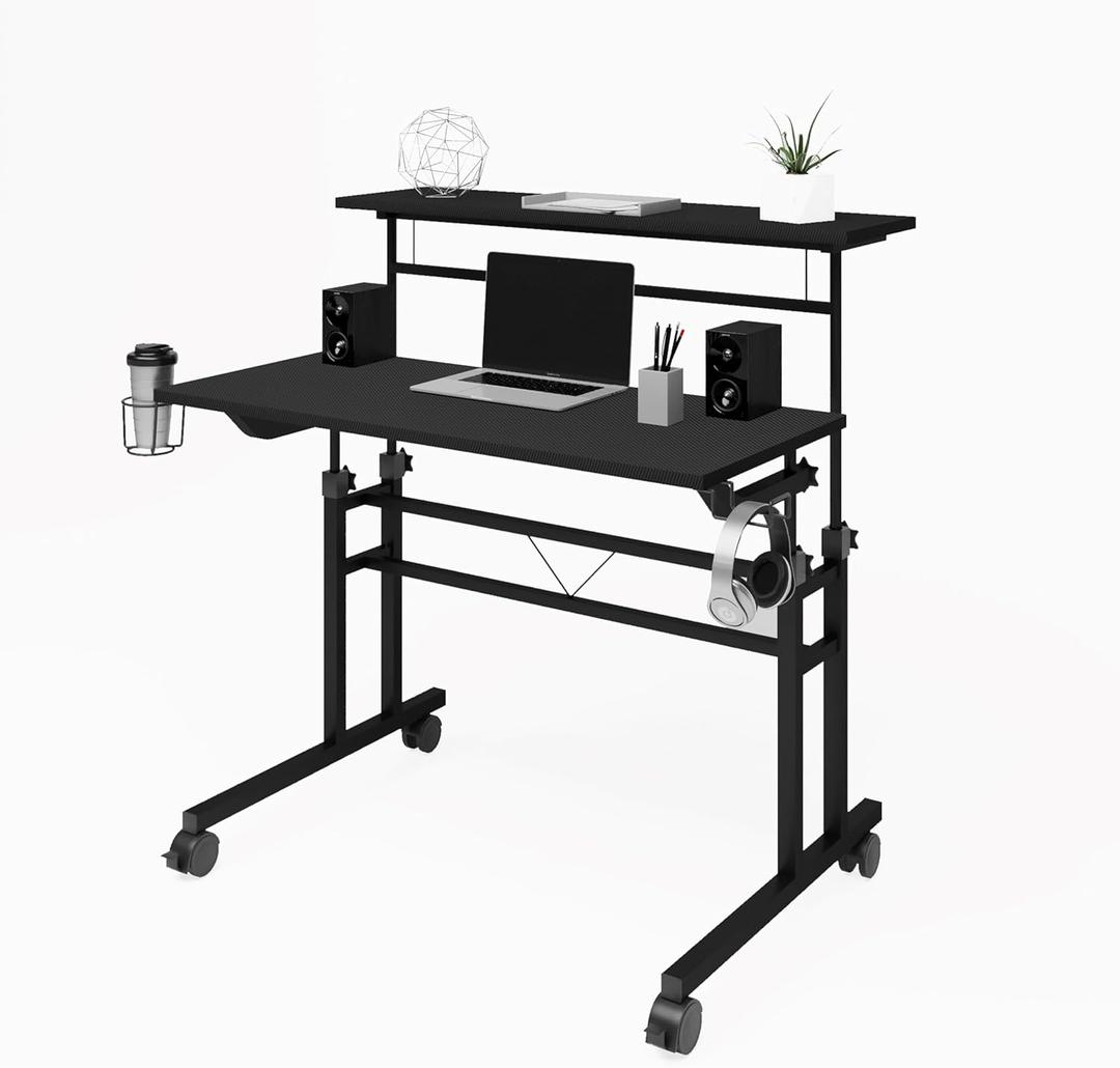 Techni Mobili Rolling Standing Desk, Two-Tier Height Adjustable Mobile Office or Gaming Desk with Wheels and Cup Holder, for Sitting or Standing Setups Black