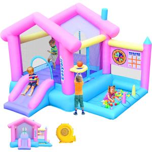 Inflatable Bounce House for Kids 3-10, 123" L x 110" Bouncy Castle, Jumping, Slide, Basketball Hoop, Ball Pits, Rings, Target Game Blower Included