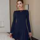 Women's Long Sleeve Mini Dress Sexy Boat Neck Pleated A-line Party Dresses (Blue, M)