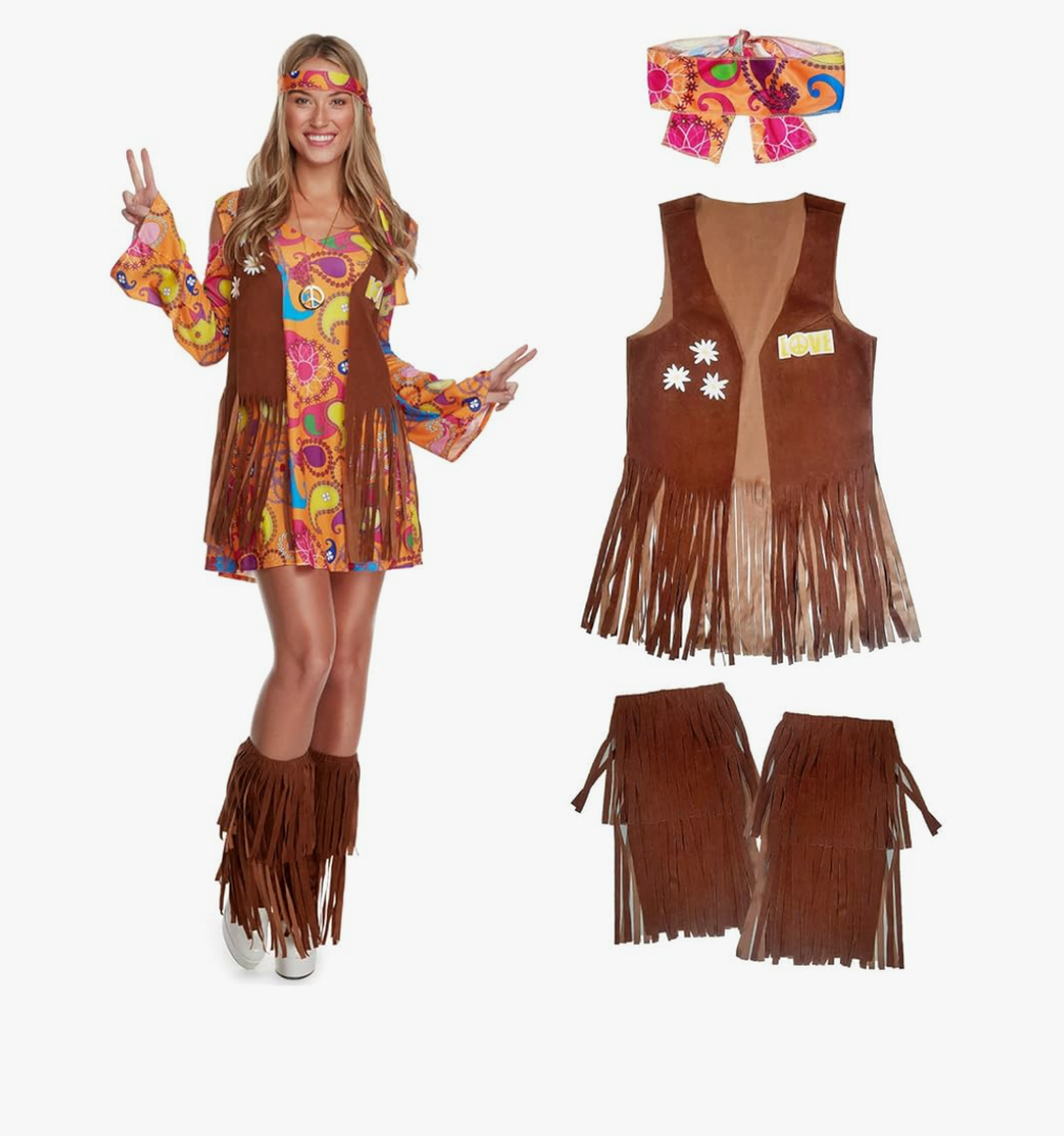 Morph Short Hippie Costume for Women, 70s Women Halloween Costume, Retro Hippie Outfit, Festival Attire, M